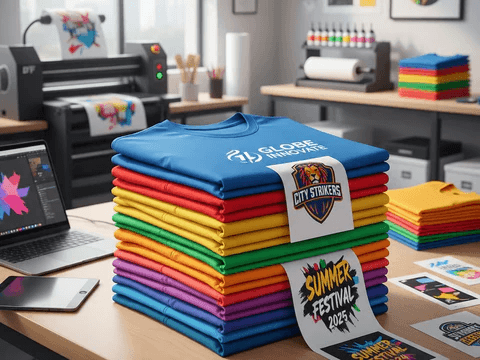 Custom t-shirt printing workshop with apparel stack, printing equipment, and design samples